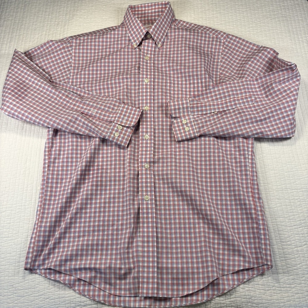 Brooks Brothers 346 Button Down Shirt Mens M Red Blue Check Non-Iron Cotton